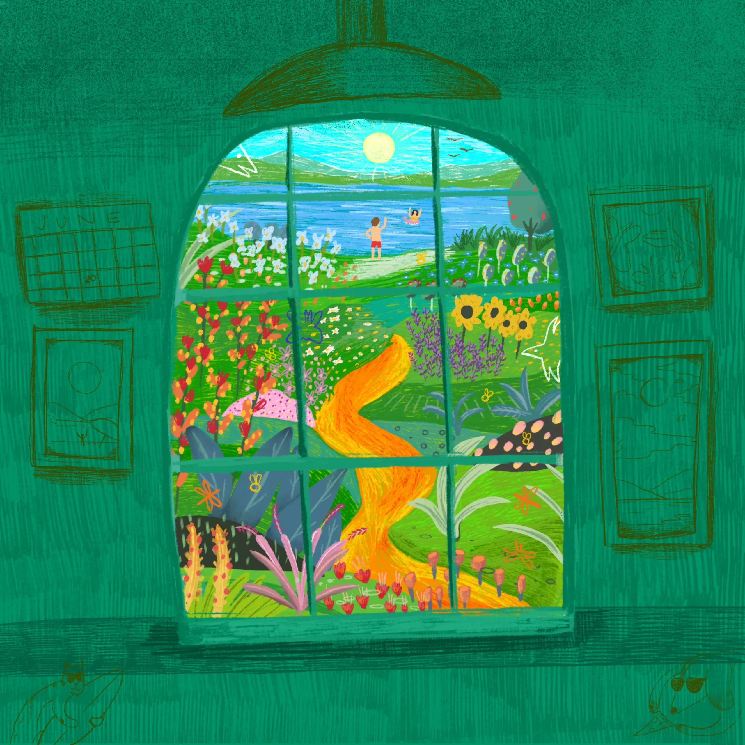 Seasonal Playlist Cover – Summer Bliss Colorful illustration of a sunny summer landscape with people by the water, blooming flowers, and a golden path, seen through a window.