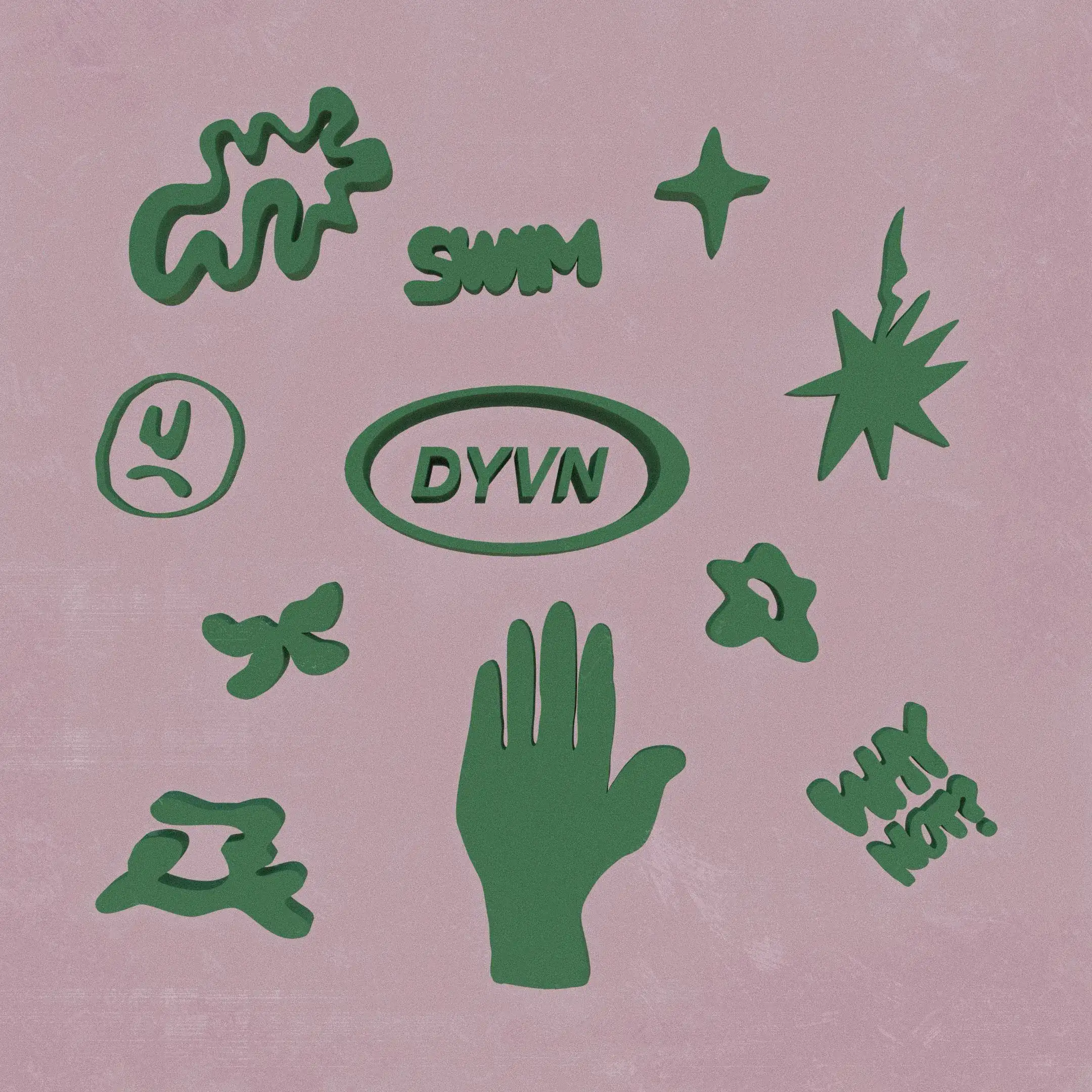 dyvn - swim 2160 Minimalist album cover with green abstract shapes, a hand, and the word "SWIM" on a muted pink background. Lo-fi, indie, conceptual art.