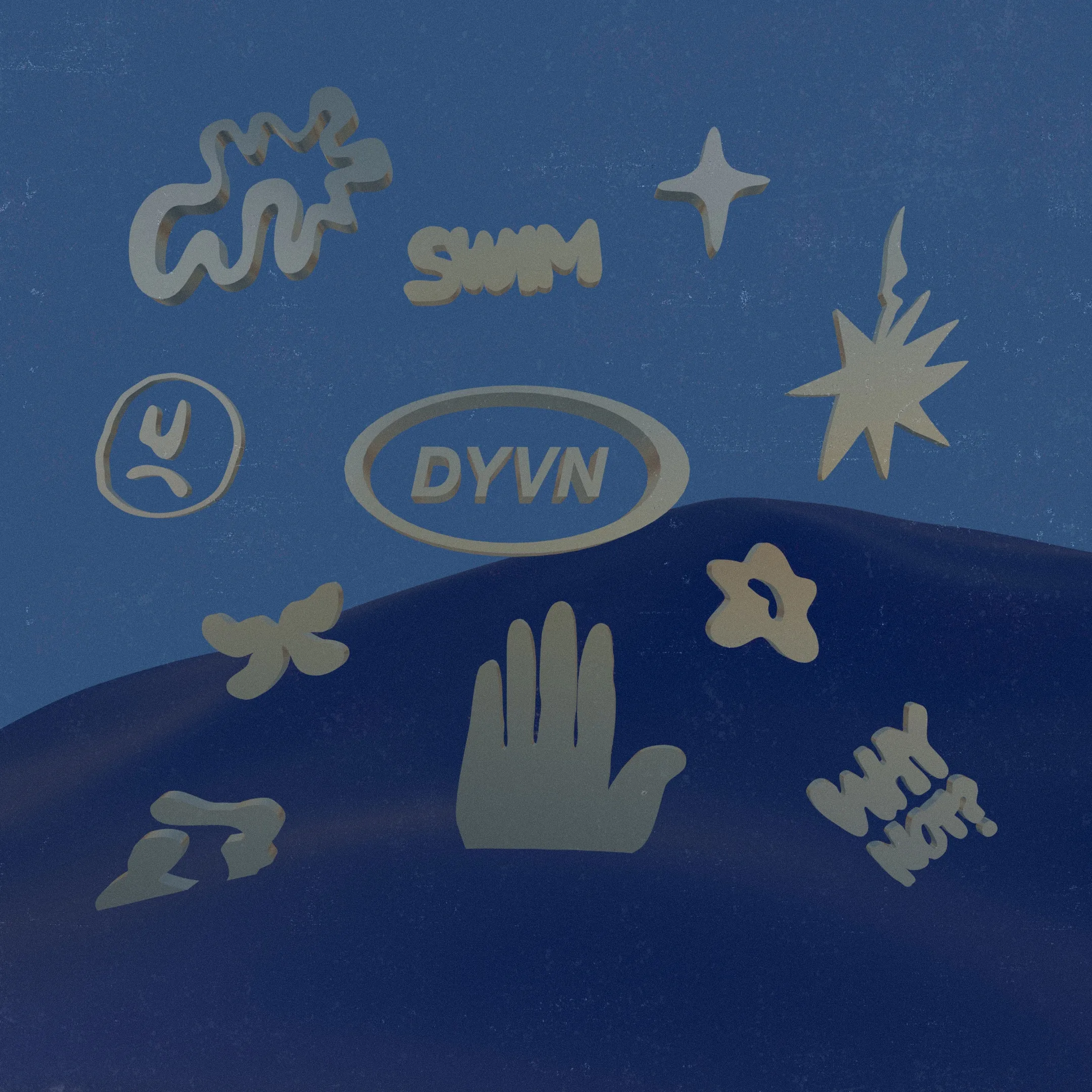 Minimal blue-toned digital artwork with floating silver icons and DYVN logo, including abstract shapes, stars, and the text “SWIM” and “WHY NOT?”